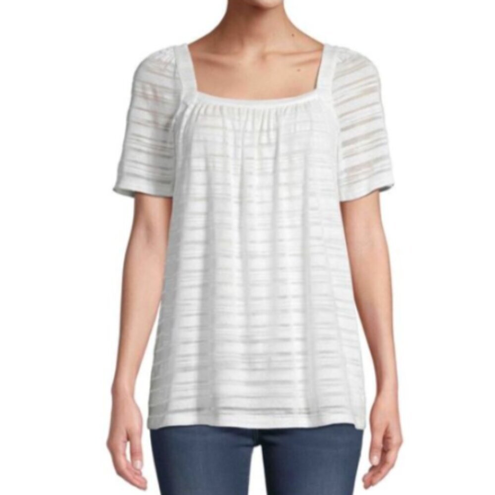 JOHN PAUL RICHARD Women's Striped Square Neck Short Sleeve‎ Top Eggshell 168G